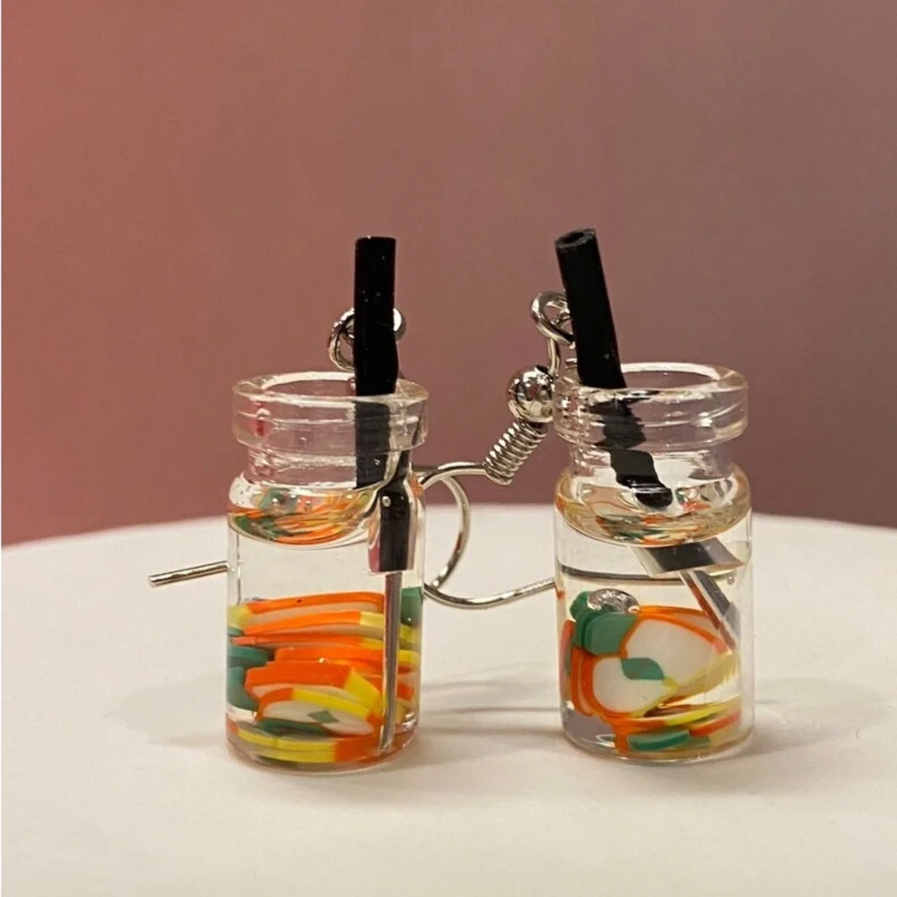 New Handmade Summer Fruity Apple Slice Glass S925 Sterling Silver Earrings